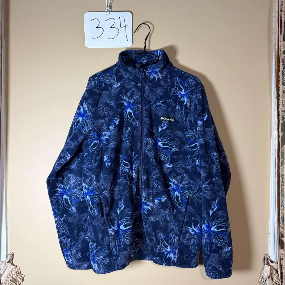 Columbia Womens Blue Floral Leaf Fleece Full Zip Jacket Mock Neck Size M